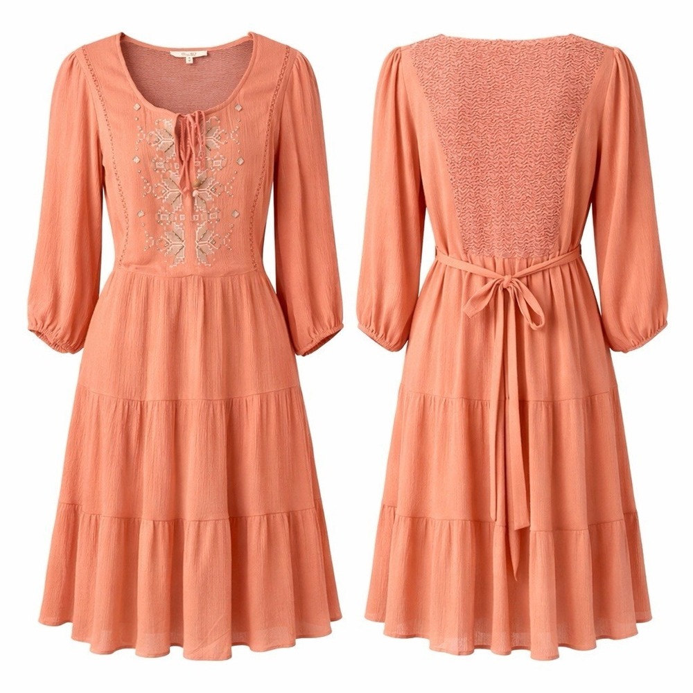 Miss Me Floral Embroidery Women Knee Hi Dress Peach Viscose Sequins Sz M